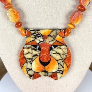 VTG Lee Sands Tiger Necklace Orange Mosaic Stone Inlay Bold Statement Jewelry